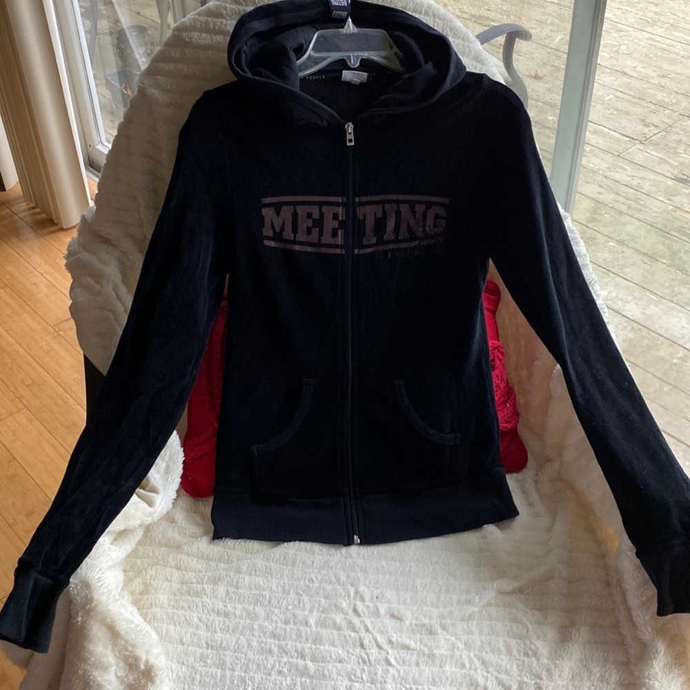 Meeting Full Zip Velour Black Logo Hoodie NeverUsed Made in Italy 🇮🇹